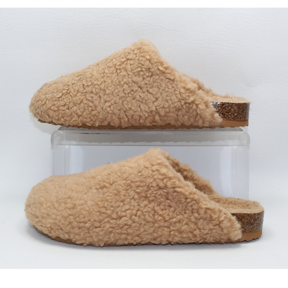 IB Women Tan Faux Shearling Teddy Fleece Cork Mules Slippers Size 6